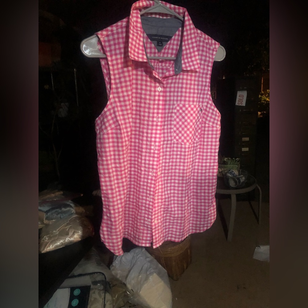 HILFIGER -Hot Pink and white checked sleeveless top.